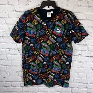 Puma x Rubiks Shirt Men Large Adult Black Red Crewneck Cotton All over Print AOP